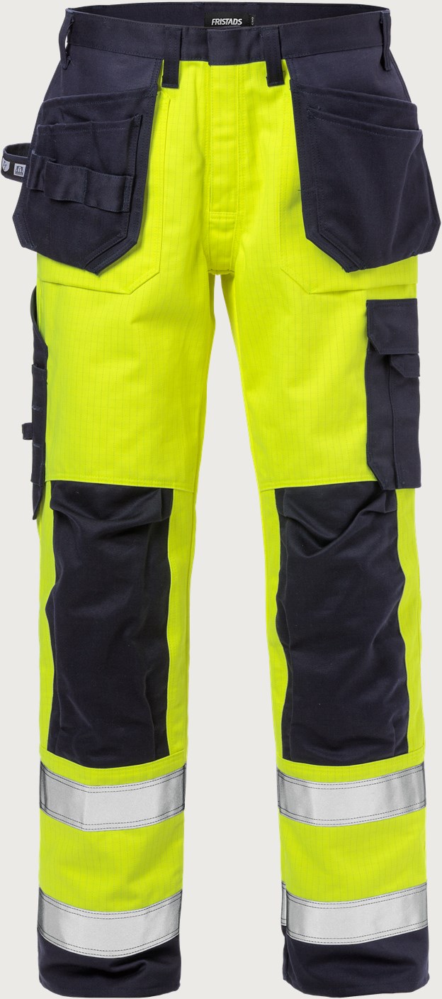 Fristads FLAME CRAFTSMAN 2584 FLAM CORE Multinorm Hi-Vis püksid ripptaskutega kl2 kollane/tumesinine