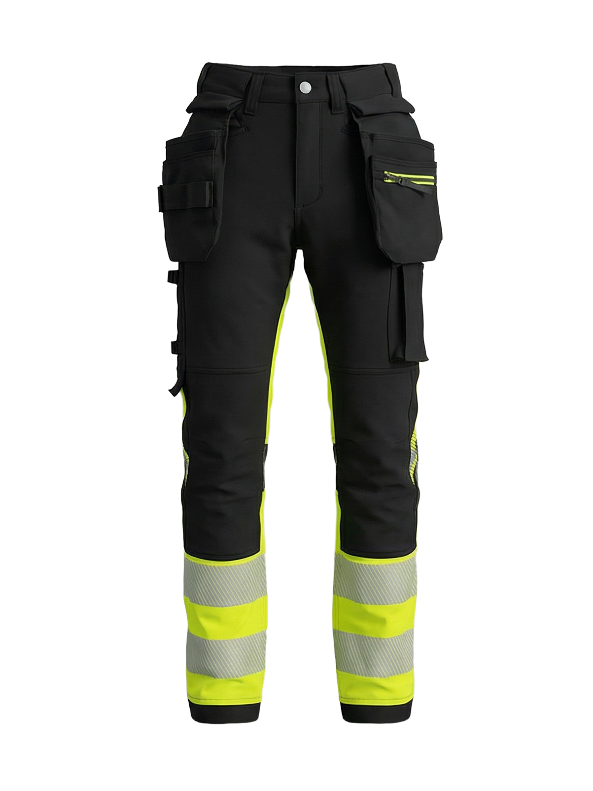 Bosafety TENSION PRO tööpüksid ripptaskutega 4x stretš Hi-Vis kl.1 must/kollane