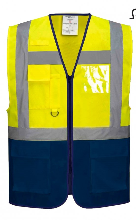 Pesso helkurvest taskute ja lukuga, kollane/sinine