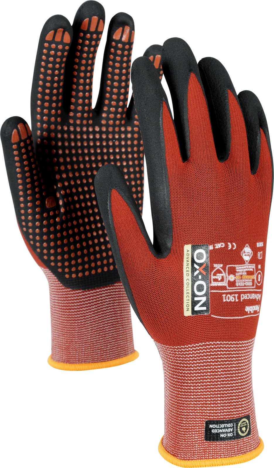 OX-ON Flexible Advanced 1901 kindad, punktid peopesas, vahtnitriil/nailon/elastaan, punane